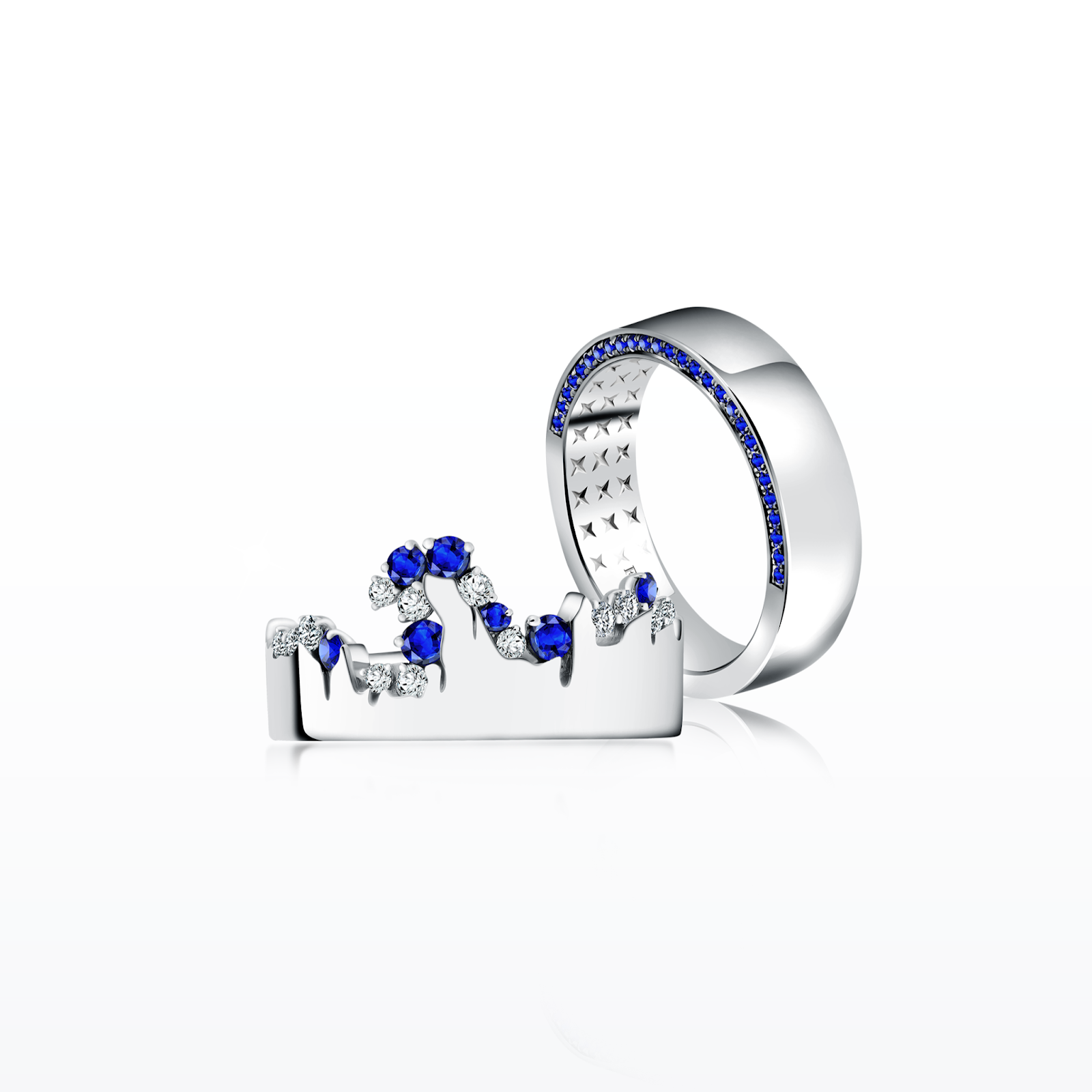 Cincin Tunangan Couple Berhiaskan Berlian dan Blue Sapphire